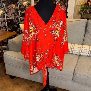 Elegant Red-Orange Floral V-Neck Blouse w/tie front - EUC - Size 2XL